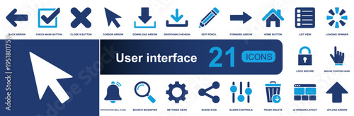 User interface icon set. Containing arrows, check, close, cursor, download, edit, home, lock, search, settings, share, sliders, upload and more. Solid fill vector icons collection.