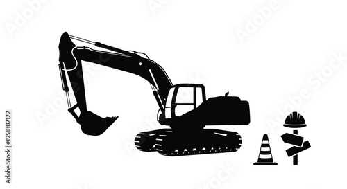Construction equipment including excavator and safety gear in stark silhouette