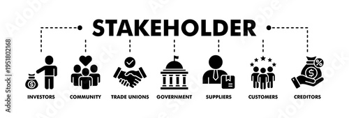 Stakeholder relationship banner web glyph vector illustration concept for stakeholder, investor, government, and creditors with icon of community, trade unions, suppliers, and customers