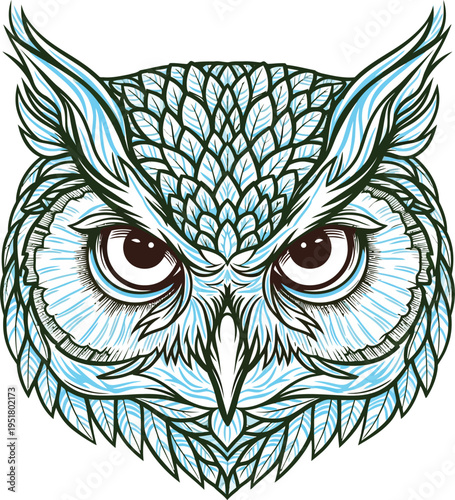 Intricate Owl Face Illustration with Detailed Feathers.