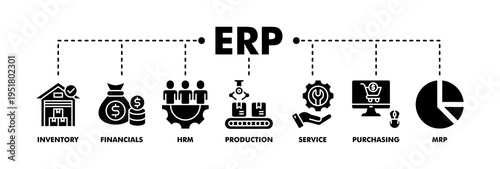 ERP banner web glyph vector illustration concept for enterprise resource planning with icon of inventory, financials, hrm, production, service, purchasing, and mrp