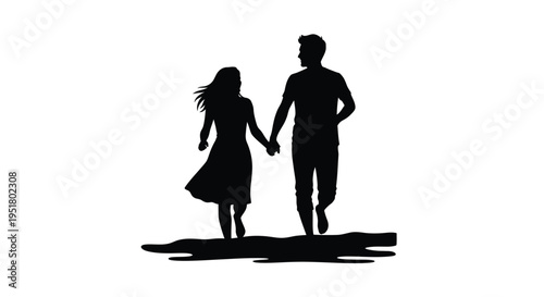 Couple holding hands walking together on a surface black silhouette