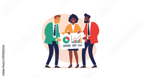 Diverse B2B marketing team presenting data-driven growth strategies and successful quarterly performance metrics for a high-end corporate client pitch