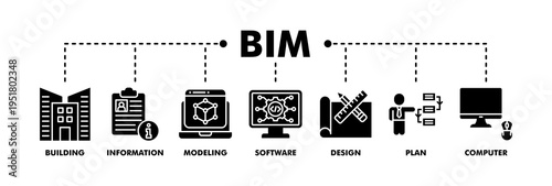 BIM banner web glyph vector illustration concept for building information modeling with icon of building, information, modeling, software, design, plan, and computer