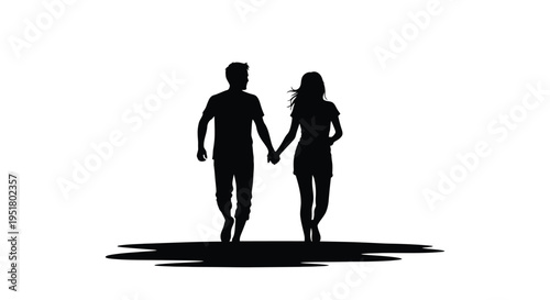Couple holding hands walking forward against a white background silhouette