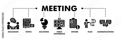Meeting banner web glyph vector illustration for business meeting and discussion with communications, topics, solutions, plan, inform and video conference icon