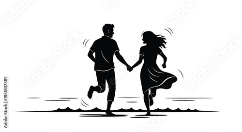 Couple joyfully running hand in hand along a shore black silhouette