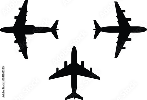 Airplane silhouettes set with top and side views, commercial aircraft vector icons, aviation transport symbols, black minimal design isolated on white