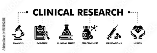 Clinical research banner web glyph vector illustration concept with icon of analysis, evidence, clinical study, effectiveness, medications and health