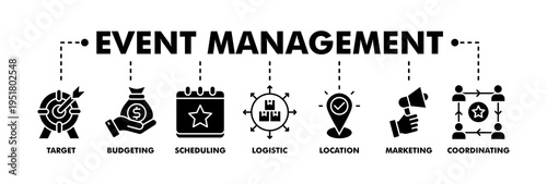 Event management banner web glyph vector illustration concept with icon of target, budgeting, scheduling, logistics, location, marketing, and coordination