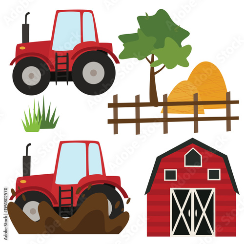 Set of vector illustrations of a farm, tractor, and haystack