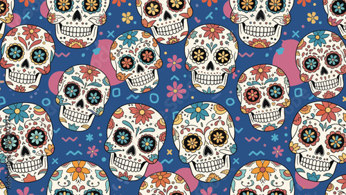 Vibrant seamless pattern is packed with decorated sugar skulls and colorful abstract shapes on a deep blue background for a party theme.