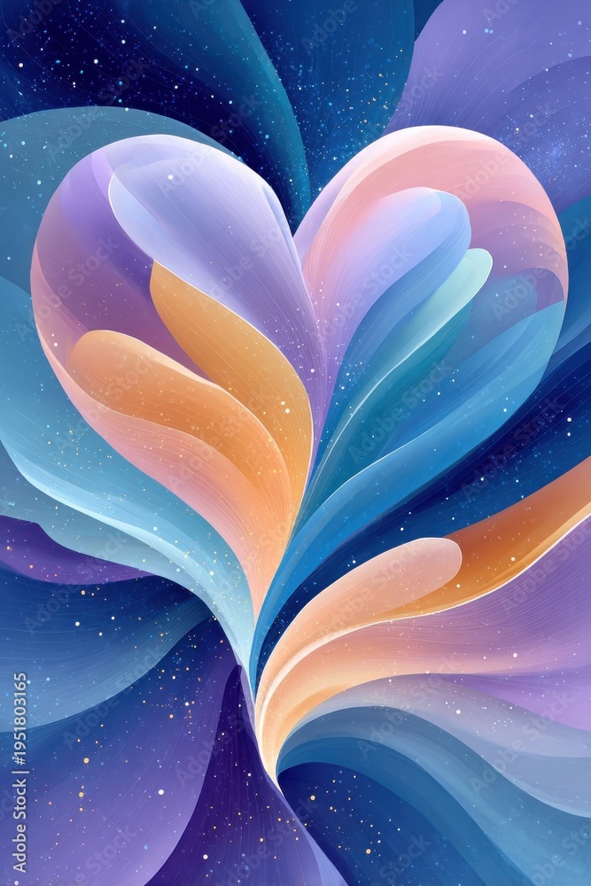 Fototapeta premium Colorful abstract heart design formed by flowing ribbons in a cosmic gradient embrace