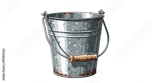 Old Rusty Metal Bucket with Wooden Handle