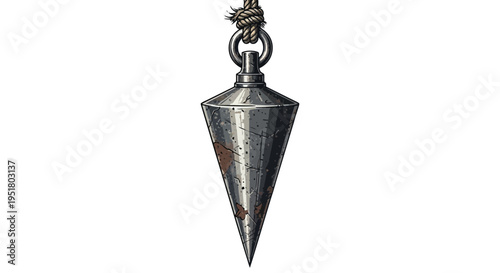 Metal plumb bob tool hanging from rope, isolated on white background