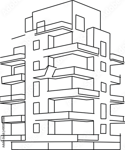 High-rise residential architecture sketch, Flat line art of a modern condominium building.