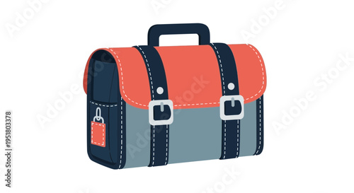 Vintage satchel bag illustration with coral, blue, and grey colors, isolated on white background.