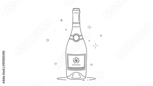Elegant minimalist line art illustration of a celebratory champagne bottle, adorned with a delicate floral label and sparkling design elements.