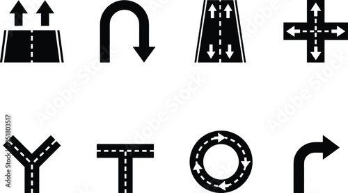 Road direction icons set with arrows, intersections and roundabout symbols, traffic navigation signs collection, black vector illustration isolated on white background