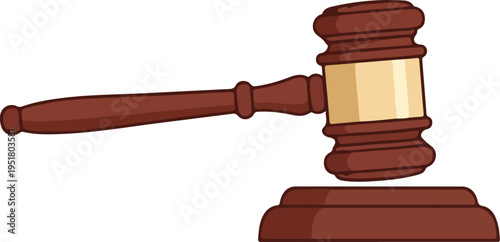 A brown wooden gavel with a gold band on a block