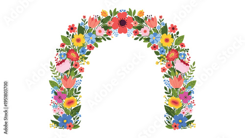 Beautiful archway made of numerous colorful flowers and green leaves is set against a clean white background for a celebratory theme.