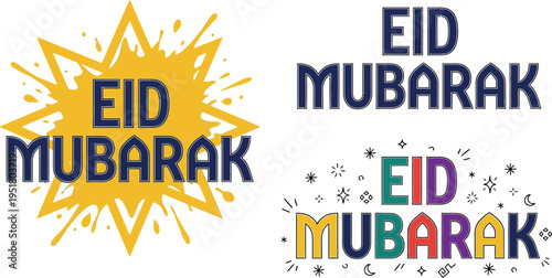 Eid Mubarak typography brand system with starburst and decorative variants for Islamic holiday greeting cards and social media campaigns