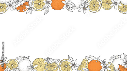 Elegant horizontal frame border adorned with a delightful mix of citrus fruits like lemons and oranges, enhanced by lush leaves and delicate blossoms.