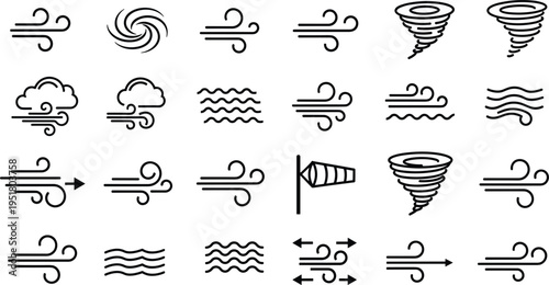 Wind Weather Icon Set Vector Illustration with Air Flow Gust Tornado Breeze and Climate Symbols for Forecast Meteorology and UI Design