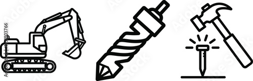 Industrial construction equipment icons featuring excavator and heavy drill with hammer