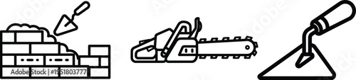 Masonry and carpentry tools showing bricklaying process with chainsaw and trowel
