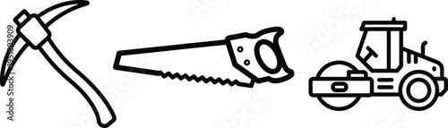Set of construction and roadwork line icons featuring pickaxe, hand saw and road roller