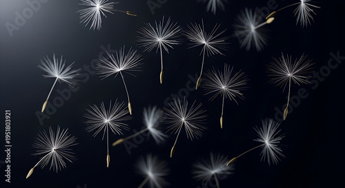Dandelion seeds blowing in wind against dark background  