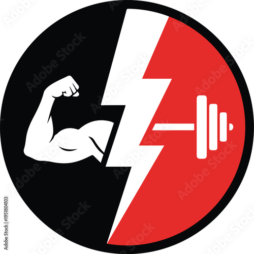 A logo with a bicep and a dumbbell separated by a lightning bolt