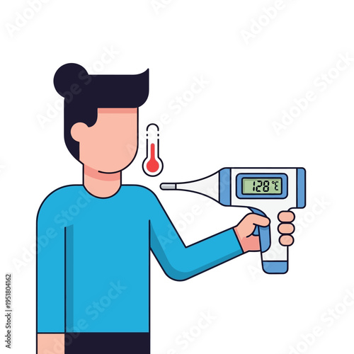 Man checking temperature with infrared thermometer, fever symbol