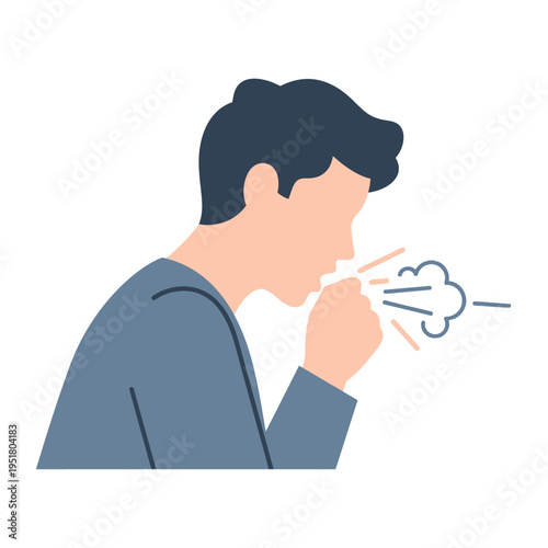 Man Coughing, Respiratory Illness, Sickness, Health Problem, Isolated on White Background