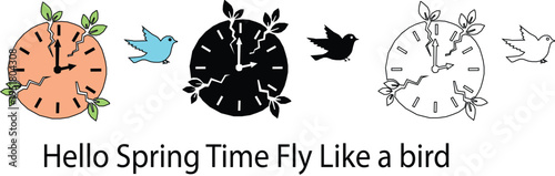  Clocks with Flying Birds Minimal Vector Illustration. Clock icon set on white background.