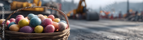 Easter basket with colorful eggs on spring grass at a highway construction site, unfinished road and machinery behind, warm morning sunlight, bright seasonal scene.