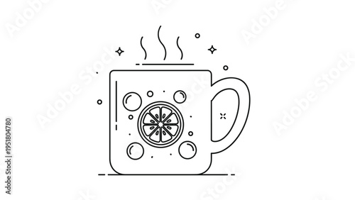 Refreshing minimalist line art illustration of a steaming hot mug, elegantly featuring a lemon slice and cheerful bubbles within, for warm beverage designs.