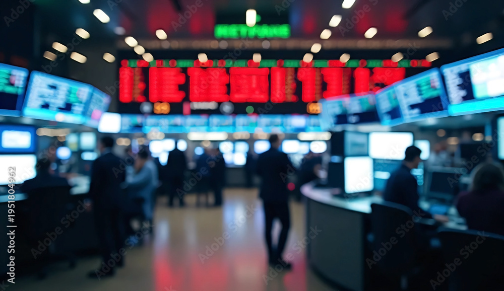 Naklejka premium Blurry motion of traders working in a busy stock exchange with digital displays