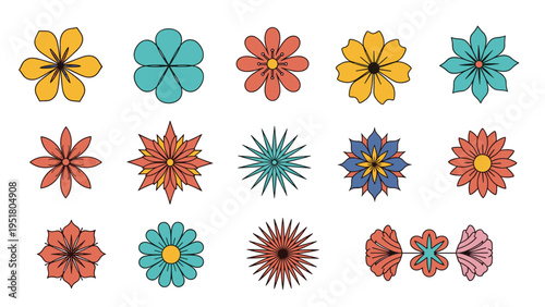 Collection of fifteen different stylized floral icons in various shapes and colors like yellow, blue, and red for graphic design use.