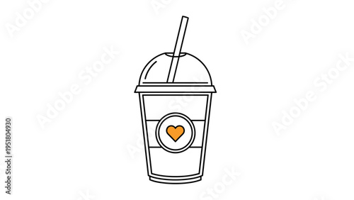 Minimalist line art illustration of a takeaway cold drink cup with a straw and a charming heart emblem, ideal for cafe or beverage branding.