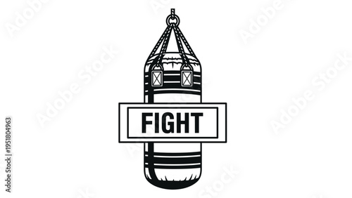 Simple black and white illustration shows a heavy punching bag hanging from a chain with a rectangular label that reads fight.