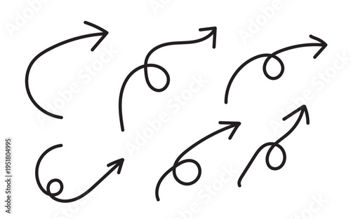 A collection of six curved arrows with loops and pointed tips