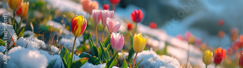 Colorful tulip flowers and grass growing from the melting snow, blue sky and sunshine in the background. Concept of spring coming and winter leaving.