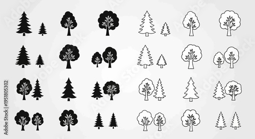 Collection of various tree silhouettes and line art.