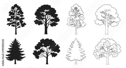 Collection of various tree silhouettes and illustrations.