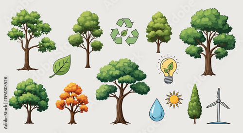 Eco friendly icons and trees illustrations.