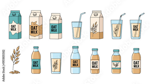 Extensive collection of diverse oat milk products, showcasing cartons, bottles, and glasses filled with vegan milk, accompanied by natural oat sprigs.
