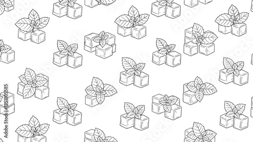 Refreshing seamless monochrome line art pattern featuring hand-drawn ice cubes adorned with fresh mint leaves, perfect for cool beverage and summer themes.