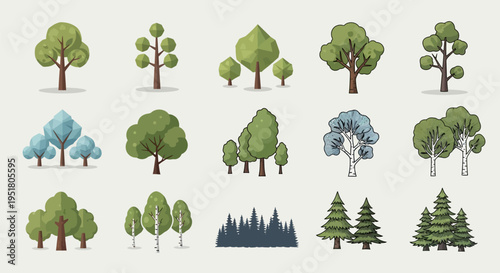 Collection of various tree illustrations.